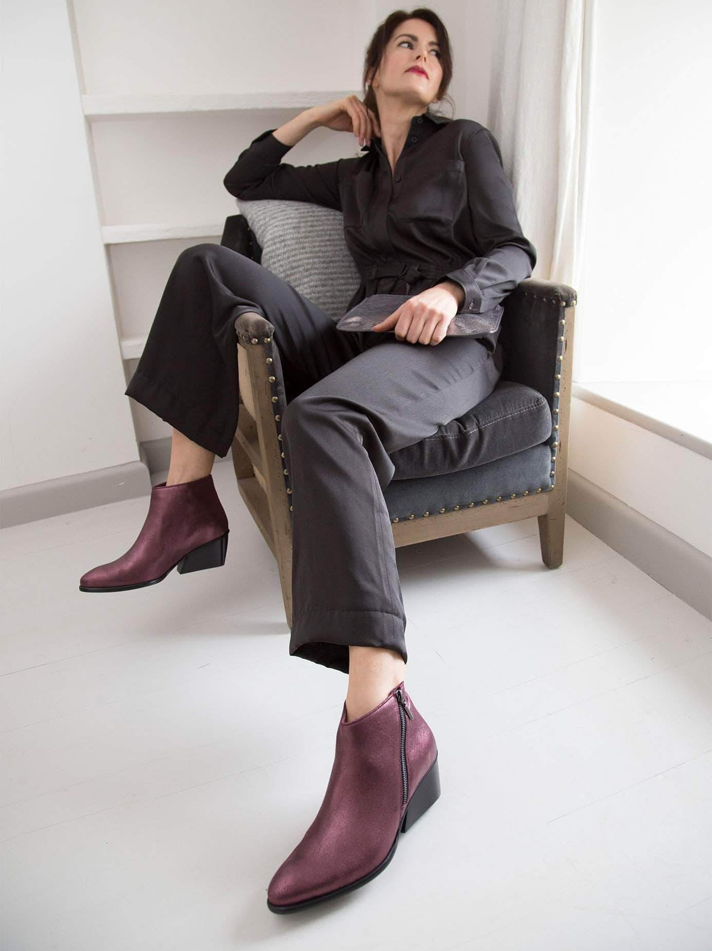 Renata, our plum metallic leather ankle boot with an angular heel shape.