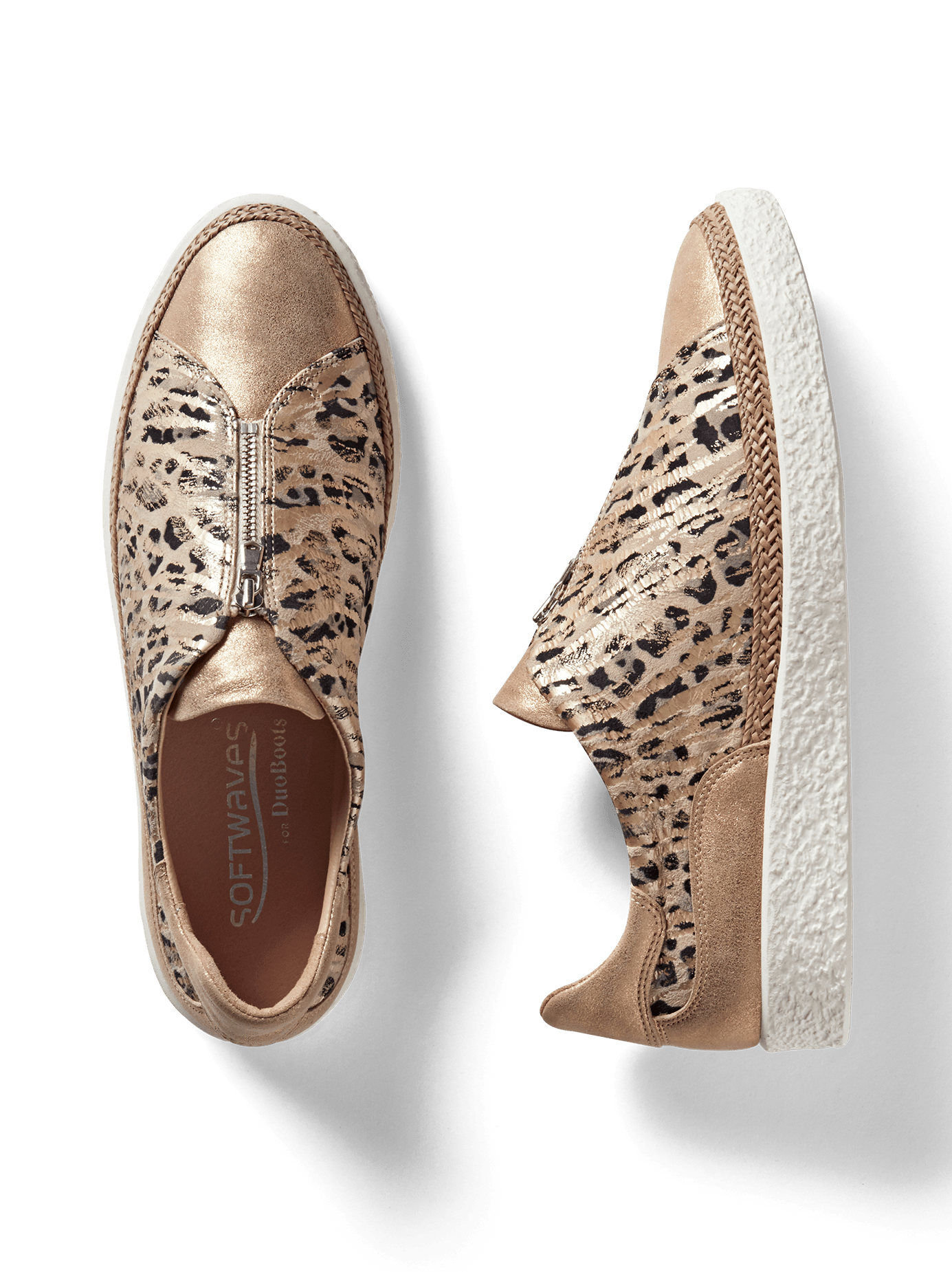 Ryde, a stylish rose gold trainer with a safari print and central zip detailing.