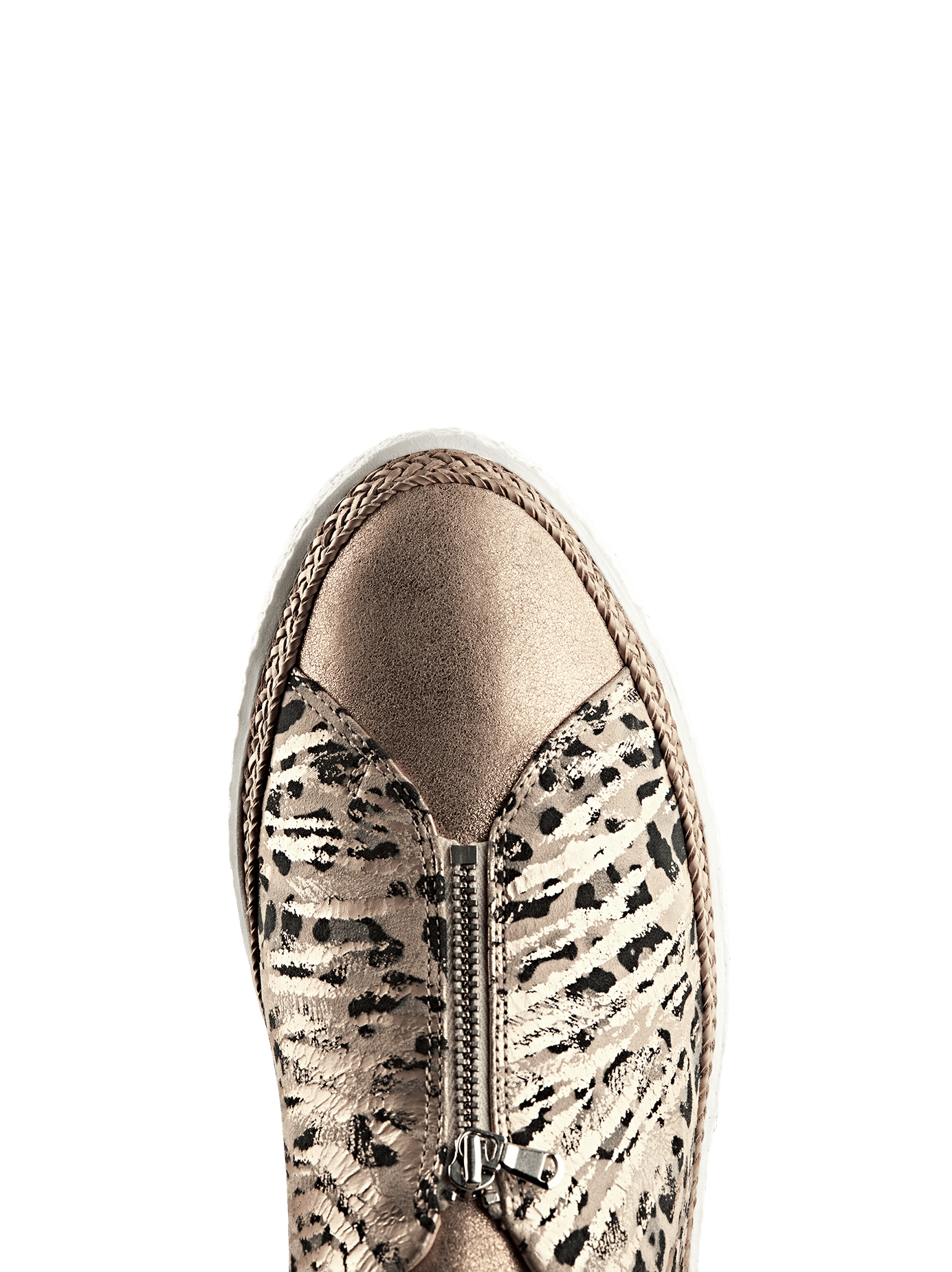 Ryde, a stylish rose gold trainer with a central zip and metallic safari design.