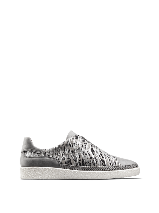 Ryde, a statement silver trainer with on-trend safari and metallic details. 