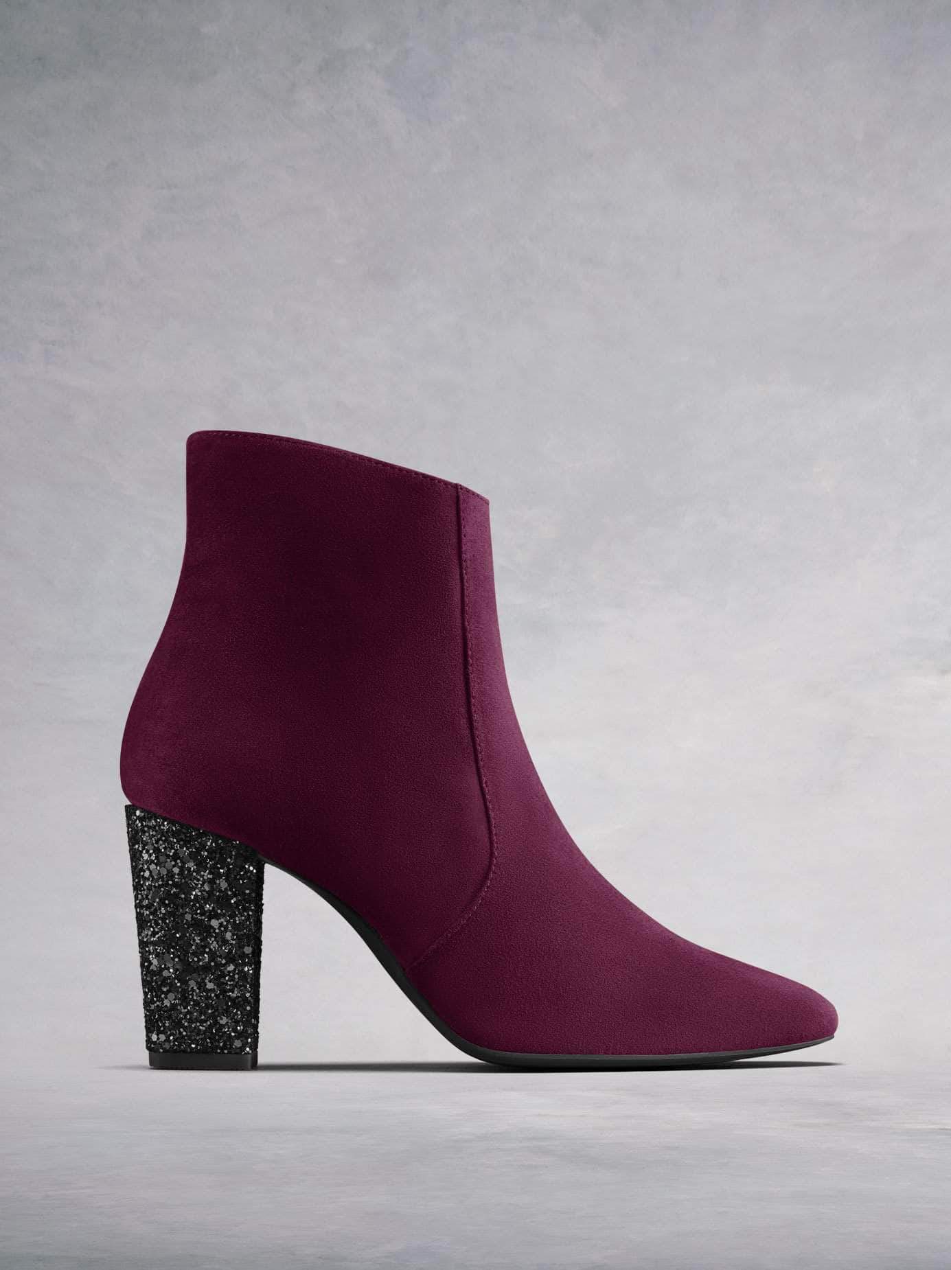 Sarsgrove are our luxury high heel ankle boots in burgundy suede with statement glitter heel. 