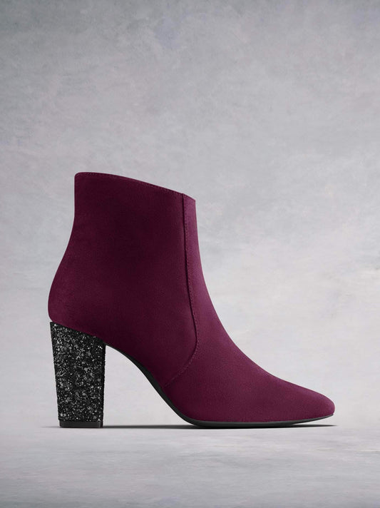 Sarsgrove are our luxury high heel ankle boots in burgundy suede with statement glitter heel. 