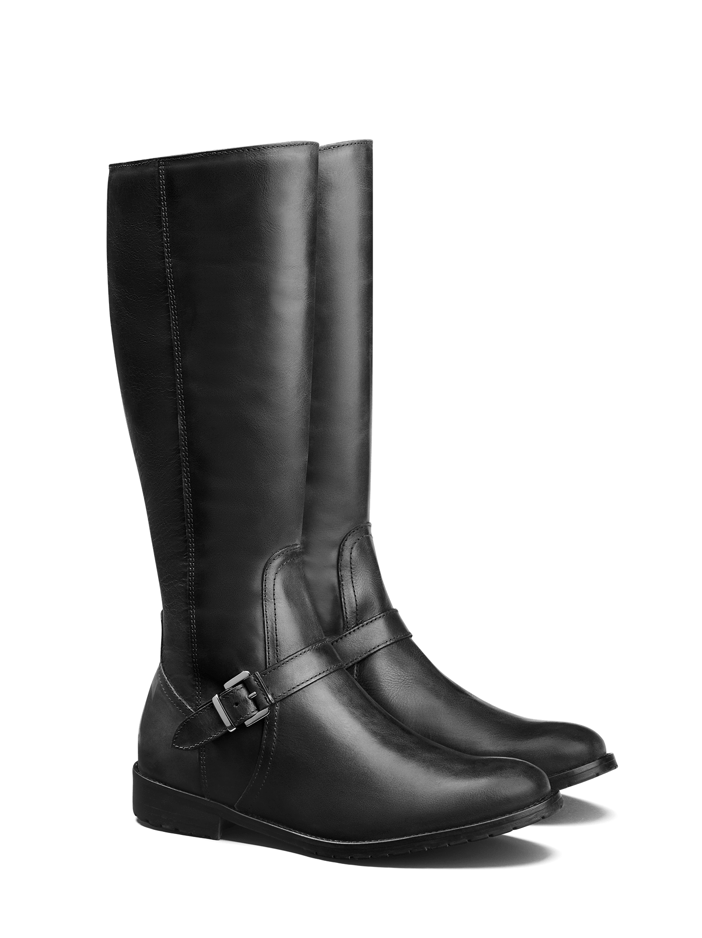 Sherwood, a classic knee high black leather boot with buckled strap detailing.