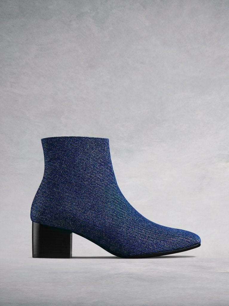 The Shimmer - a statement sparkly blue square toed ankle boot.  