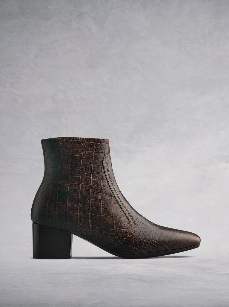 The Shimmer - an elegant square toed ankle boot in brown mock croc leather.  