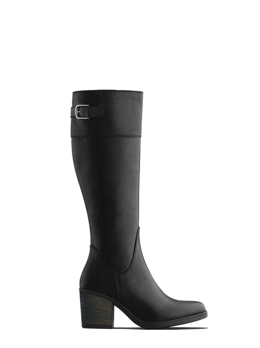 Siren Black Leather boot. Knee high leather boots with block heel.
