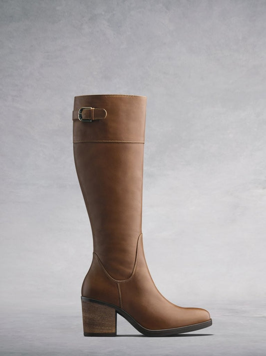 The Siren Tan Leather boot. Knee high leather boots with block heel. 