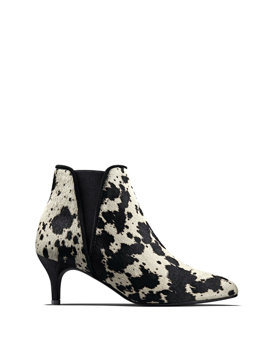 Somerton, our kitten heel Chelsea boot in eye-catching cow print hair leather.