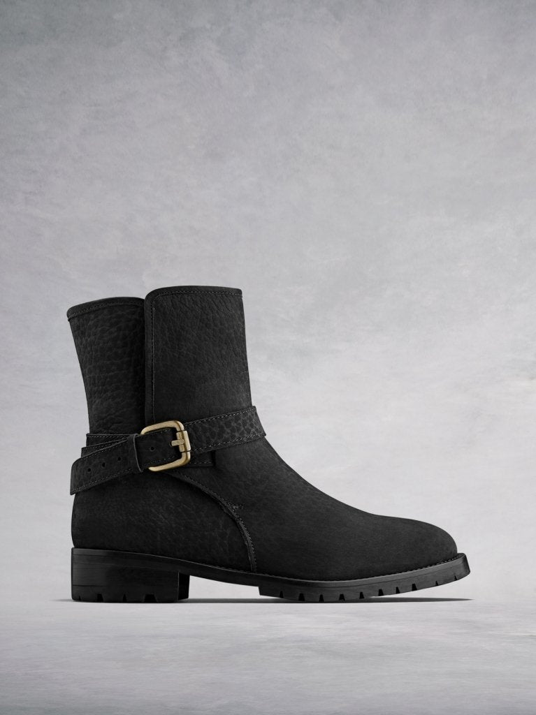 The Winfell, our casual biker style ankle boot in textured black nubuck. 
