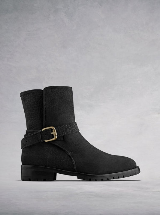 The Winfell, our casual biker style ankle boot in textured black nubuck. 