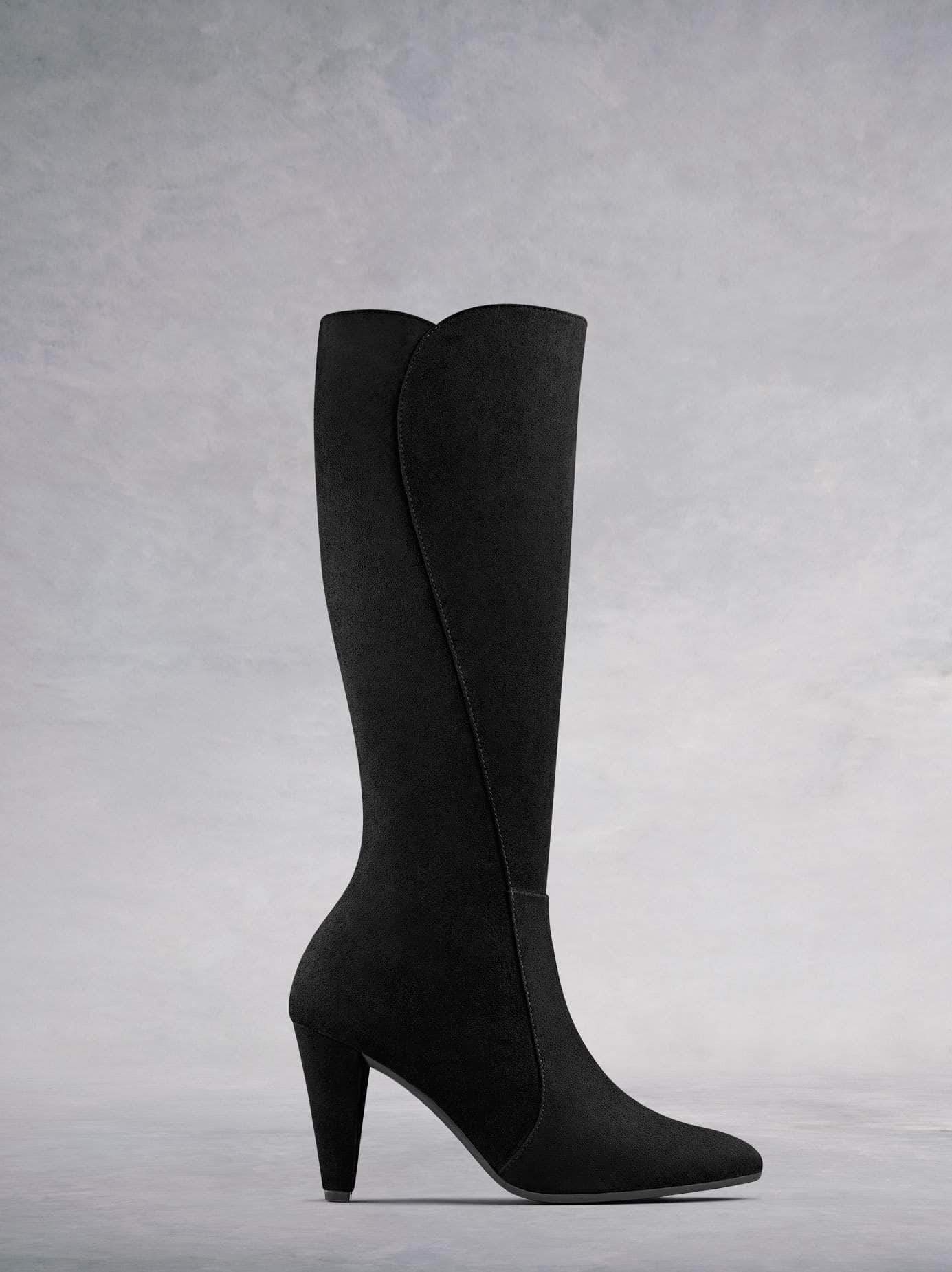 Wynter our luxury black suede heeled knee high boot with a smart curved heel.
