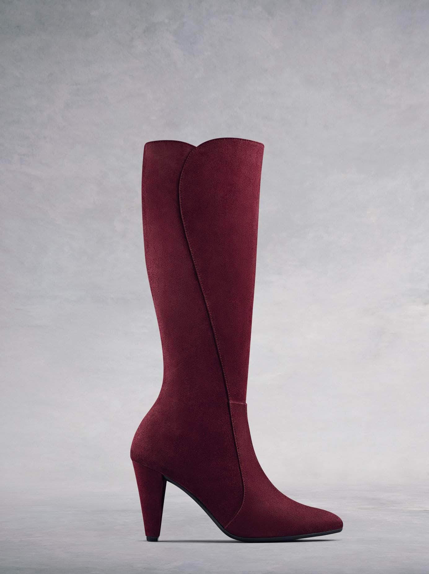 Wynter our luxury raspberry suede heeled knee high boot with a smart curved heel.