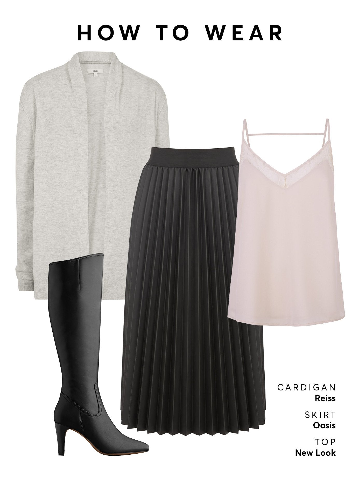 Wear the tan Luxor with a textured midi skirt, blouse and a cardigan. 